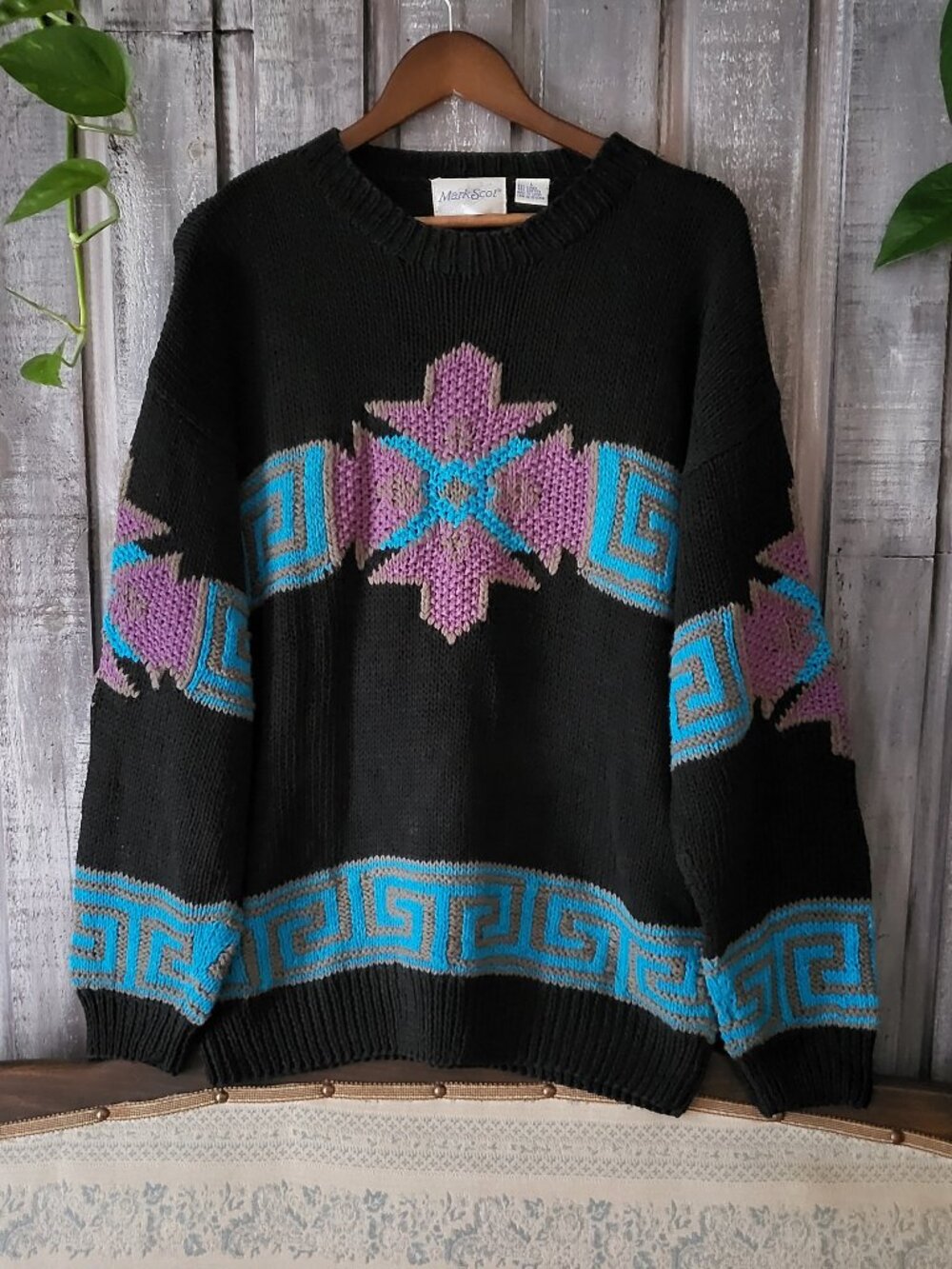 Vintage 90s MARK SCOT Linen Cotton Aztec Geometric Knit Sweater L